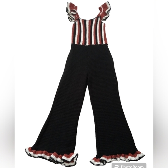 Zara Limited Edition Rust White Black Crocheted Ruffles Trim Striped Jum… - Picture 2 of 9